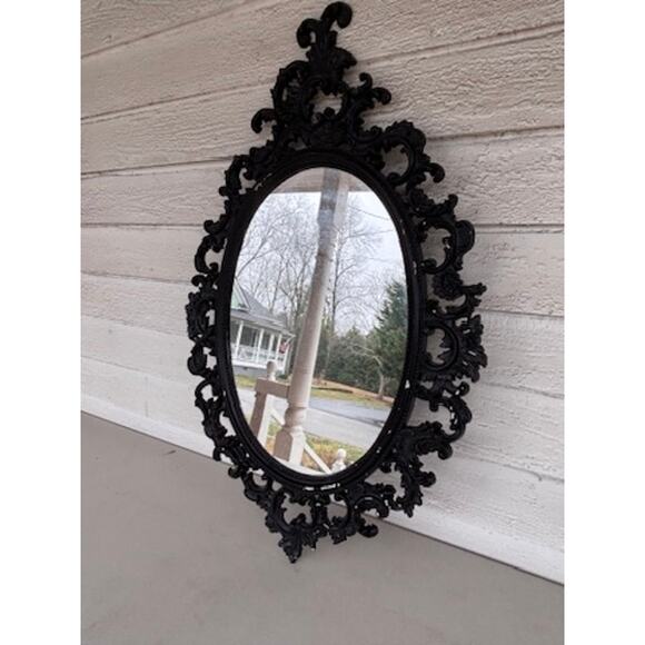 Vintage Oval Wall Hanging Mirror Ornate Black Scroll Border Chippy Shabby Chic - Picture 7 of 12